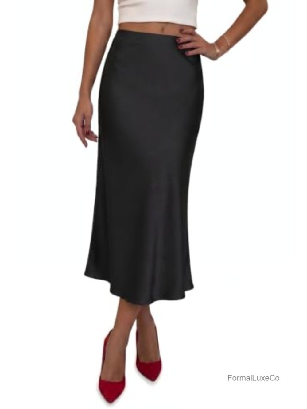 Satin Midi Skirt High Waisted A-Line Flared Long Silk Skirt